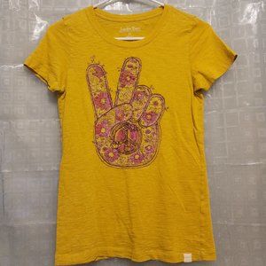 LUCKY TEES - YELLOW SHORT SLEEVE T-SHIRT WITH PINK FLORAL PEACE SIGN - EUC!
